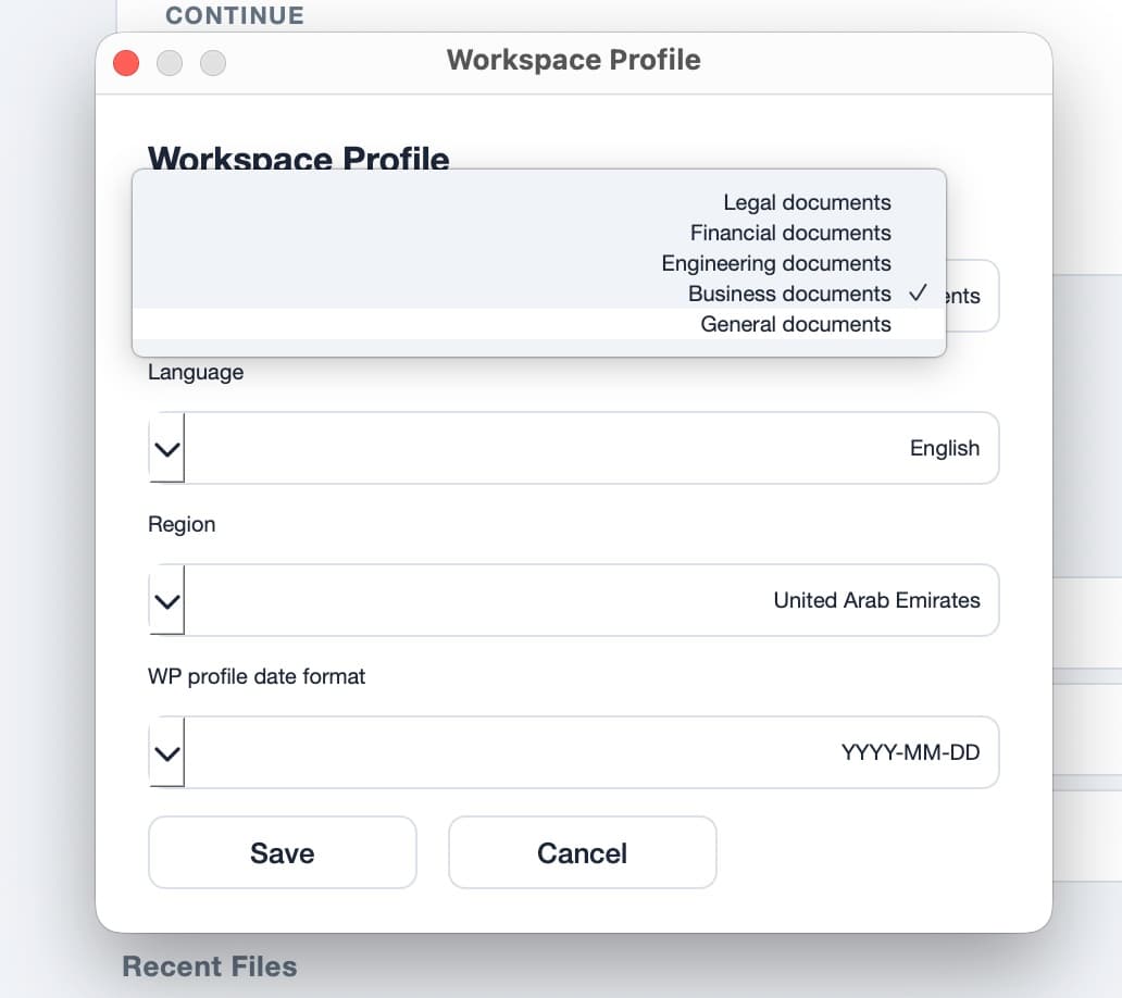 Workspace Profile window with Legal, Financial, Engineering, Business, and General documents